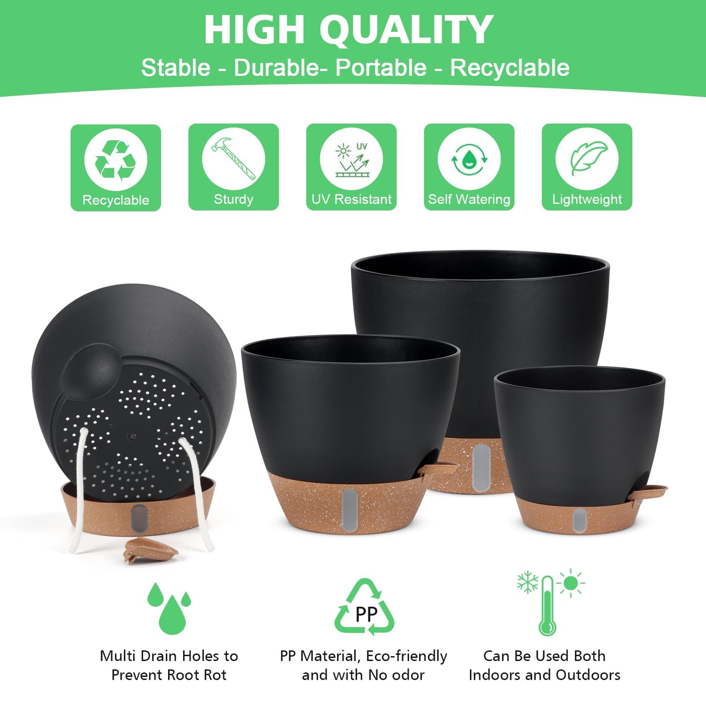 12" 10" 9" 8" Self Watering Pots with Water Level Indicator, Large Plastic Planters Set with Mesh Drainage Hole and Removable Saucer Reservoir, Big Flower Pot for Indoor Outdoor Plants (Black)