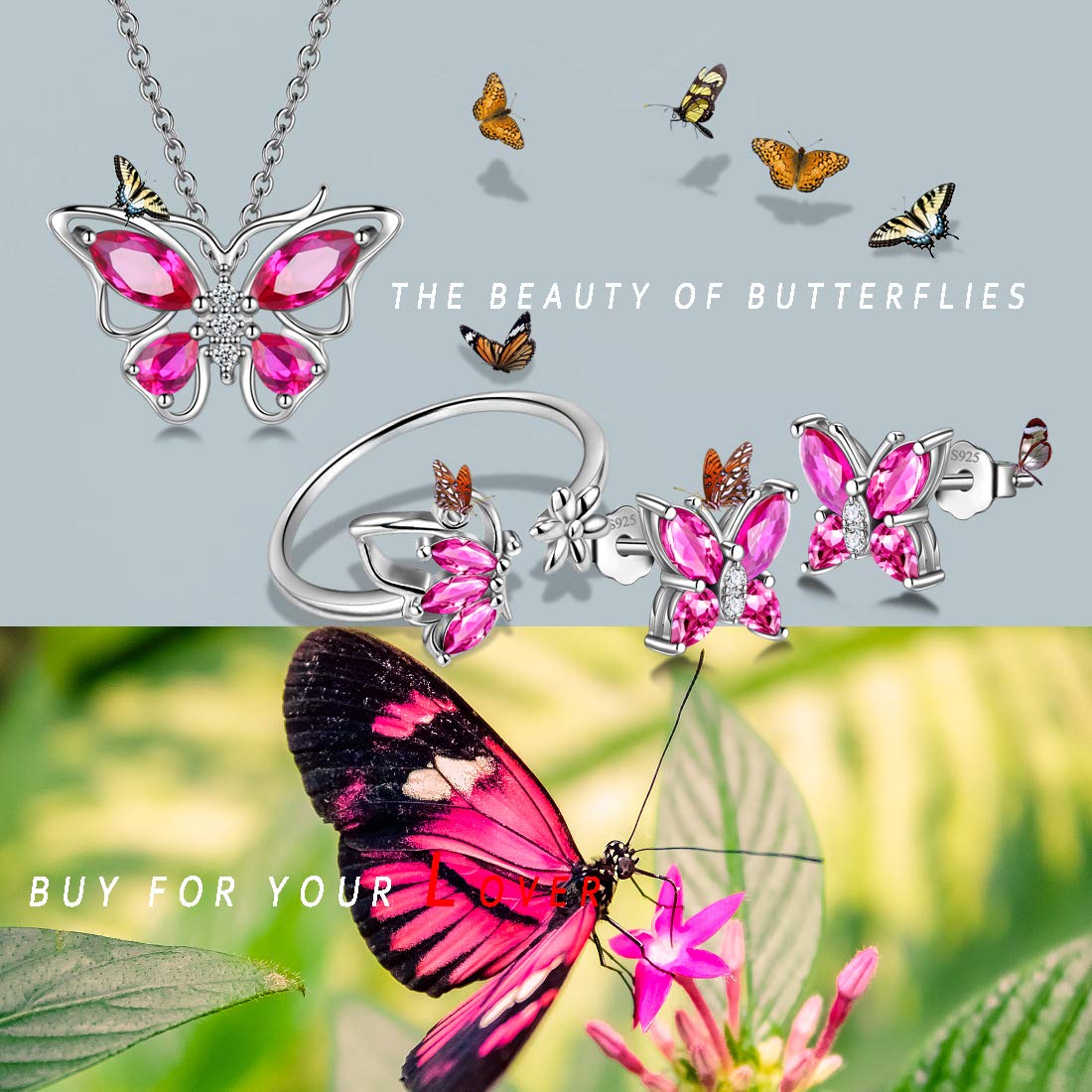Hipunk Butterfly Red Jewelry Sets Birthstone Women 925 Sterling Silver July-Ruby Birth Stone Animal Butterflies Jewelry Sets/Earring/Ring Set Crystal Birthday Jewelry SS0002R