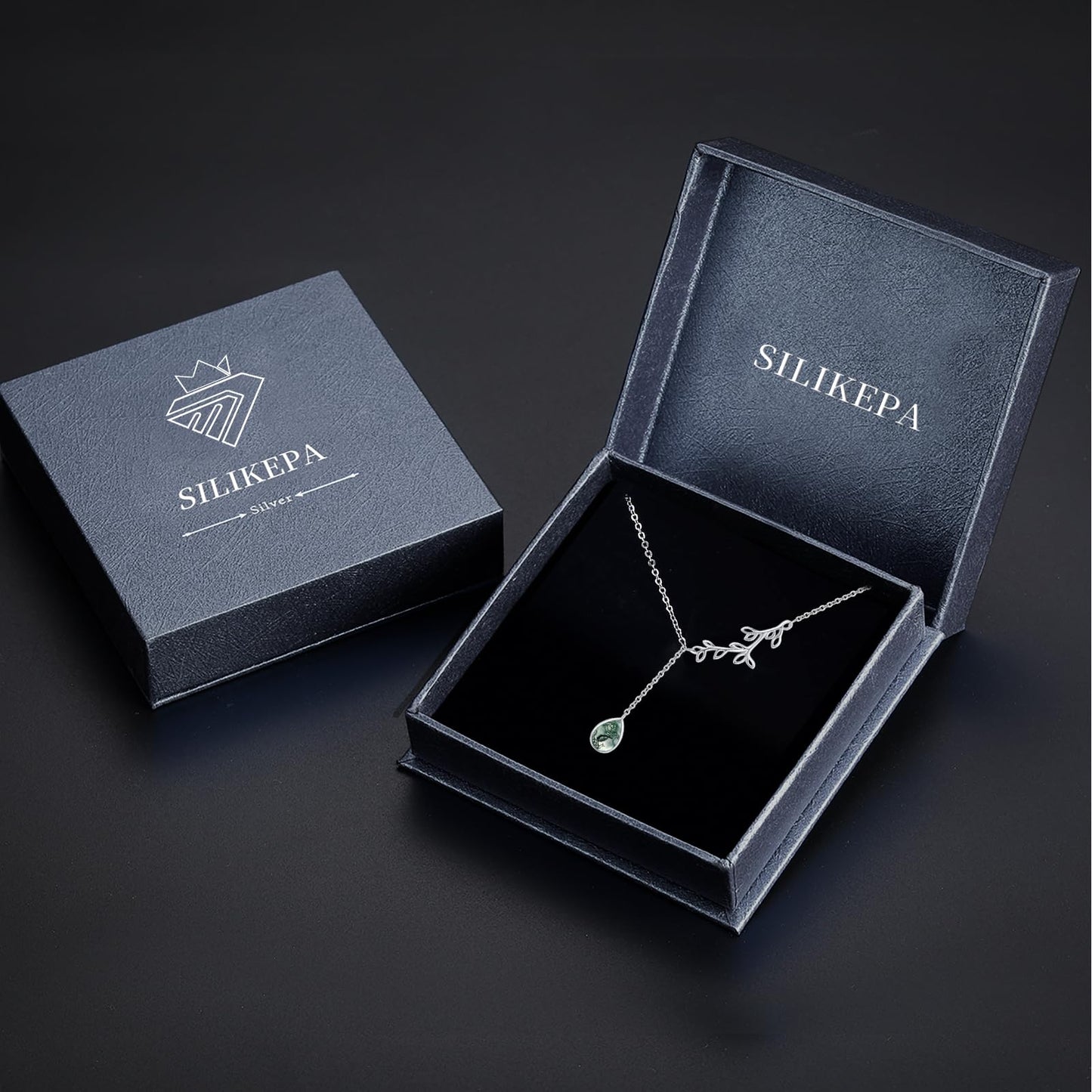 Silikepa Leaf Necklace for Women 925 Sterling Silver Leaf Pendant Necklace Y Chain with Moss Agate Jewelry Gifts for Women