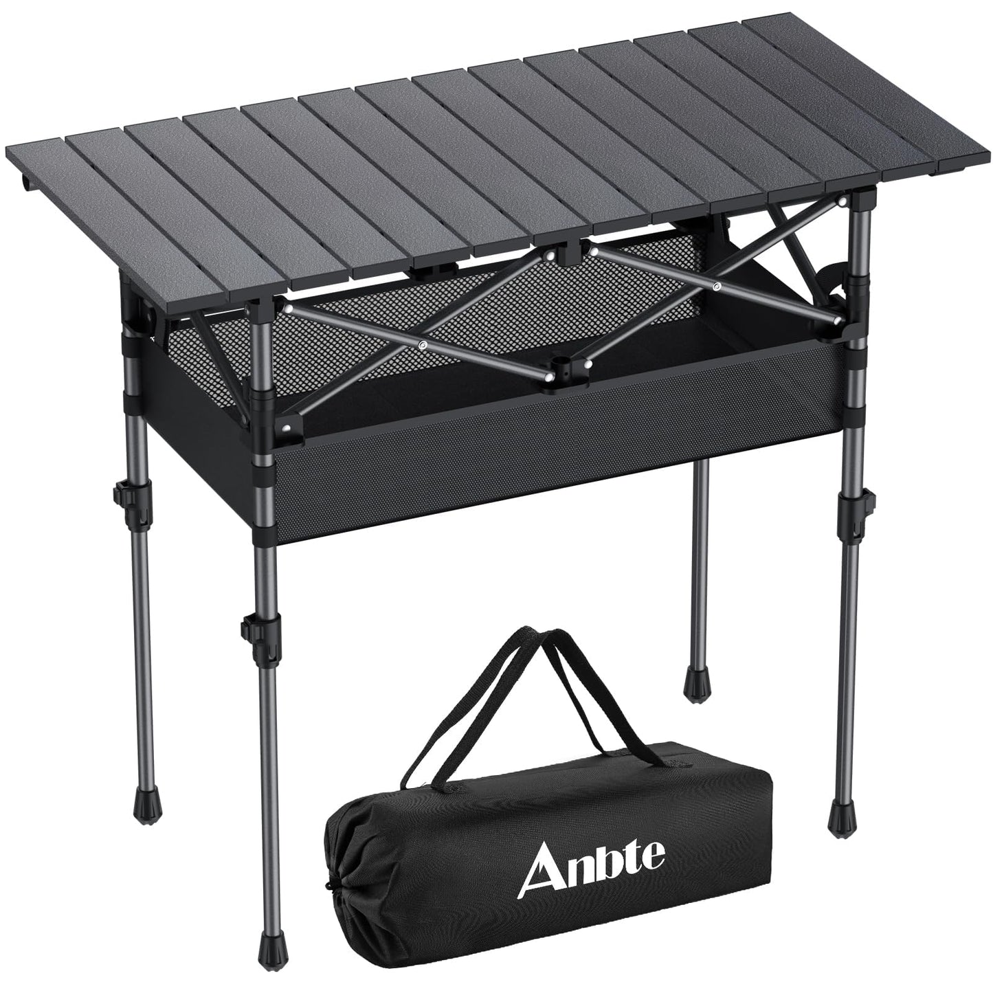 Anbte 3ft Aluminum Roll Top Camping Table, 2 Adjustable Height Camping Table Folding with Storage Net & Bag Lightweight Roll Up Table for Tailgate Outdoor Backyard BBQ Patio Picnic, 32.2” X 16”, Black