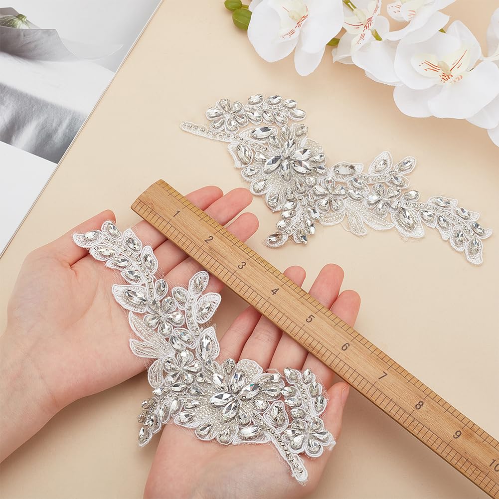 FINGERINSPIRE 2 PCS Handmade Beaded Crystal Patches Sparkly Sewing Floral Rhinestone Lace Applique Patch Clear Glass Rhinestones Embroidery Lace Patches for Wedding Dress Decoration Clothes Accessory