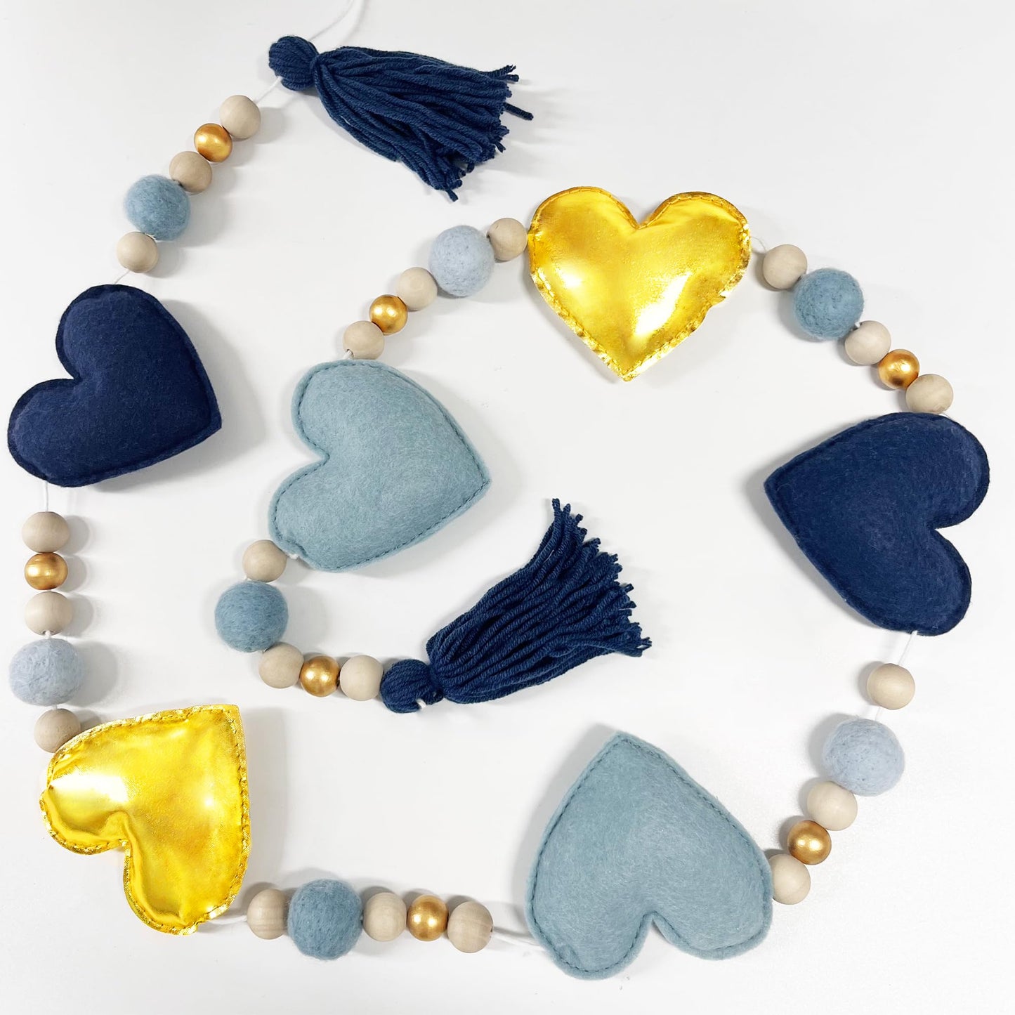 Dusty Blue Gold Heart Decorations Handmade Pre-Strung Felt Heart Banner Wool Felt Ball Wooden Bead Garland for Birthday Baby Shower Anniversary Valentines Day Nursery Classroom Fireplace Home Decor