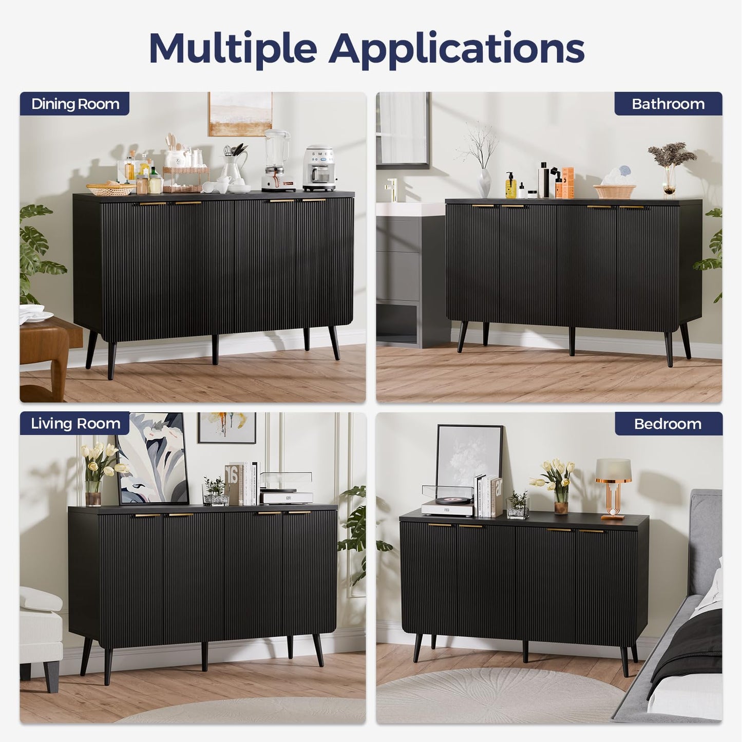 Trygoal 47.2" Wood Fluted Sideboard with 4 Doors, Modern Buffet Cabinet with Shelves, Multi-Space Storage Credenza Kitchen for Entryway, Dining & Living Room, Black