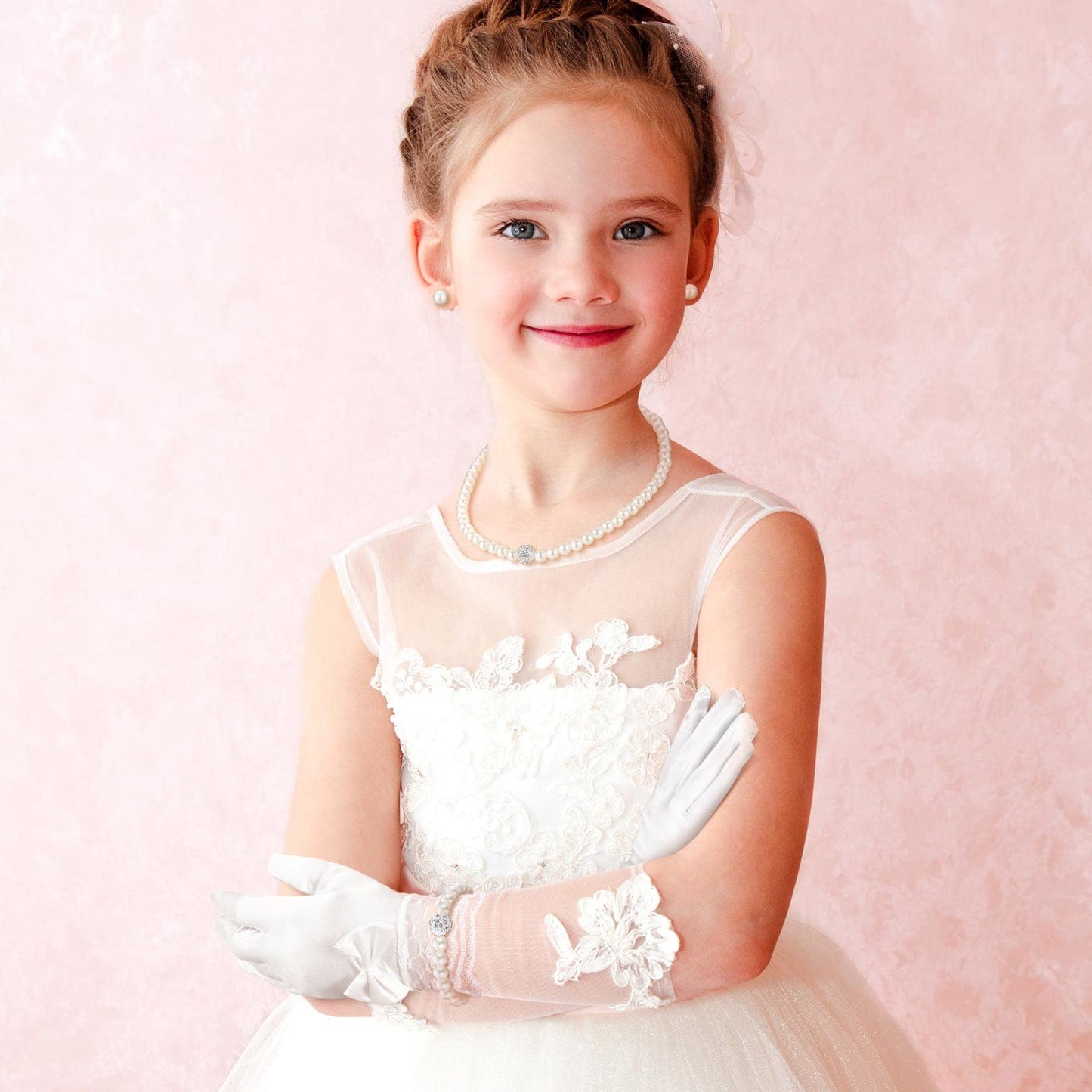 Geyoga 4 Pcs Pearl Necklace Set for Little Girls Toddler Girls Jewelry Communion Gloves for Kids Christmas Tea Party Wedding(Elegant Style,4-8 Years)