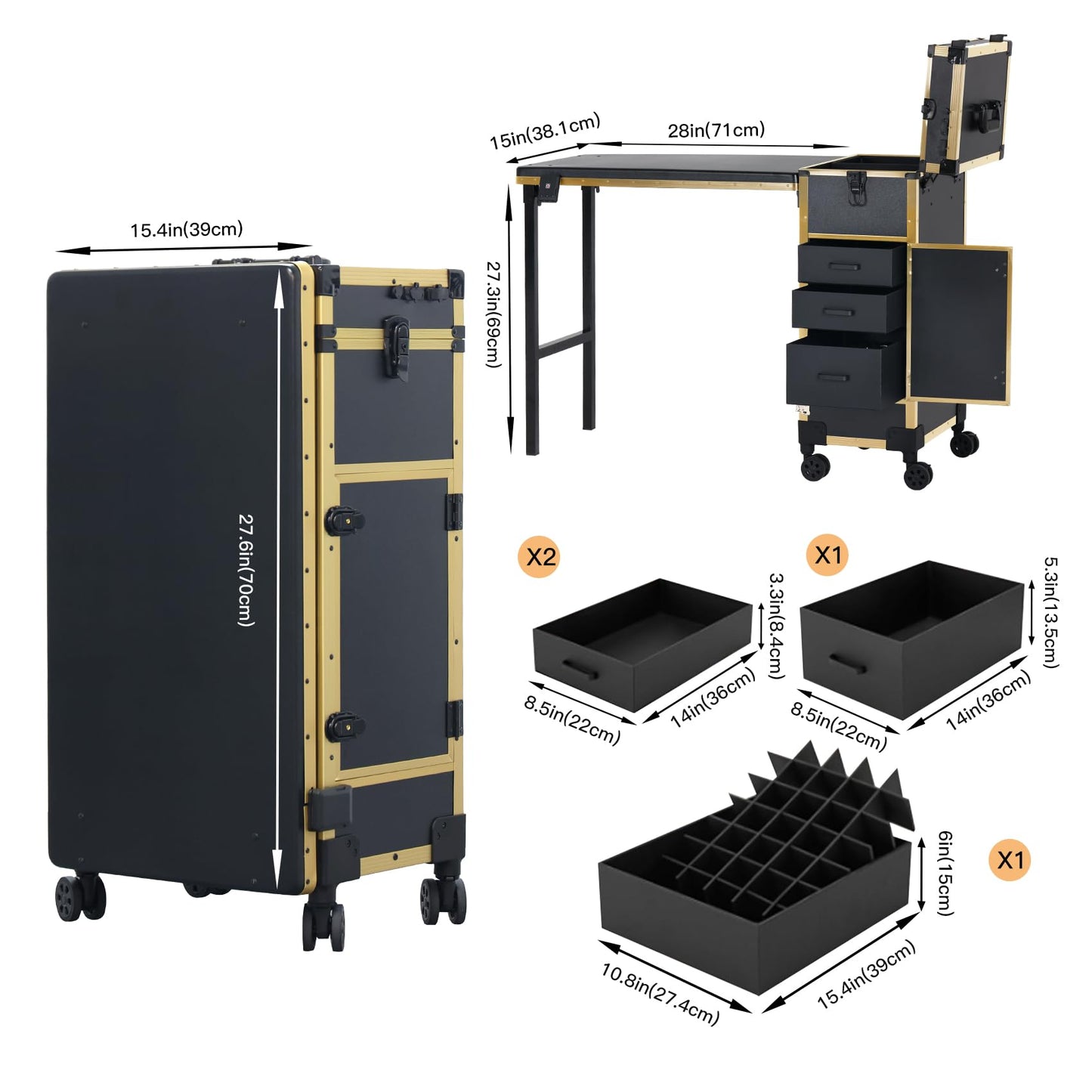 Rolling Portable Manicure Table with 3 Drawers, Lockable Makeup Train Case with Mirror & Nail Polish Organizer, Foldable Nail Desk with Wheels & Handle for Mobile Nail Techs & Salon Use, Gloden