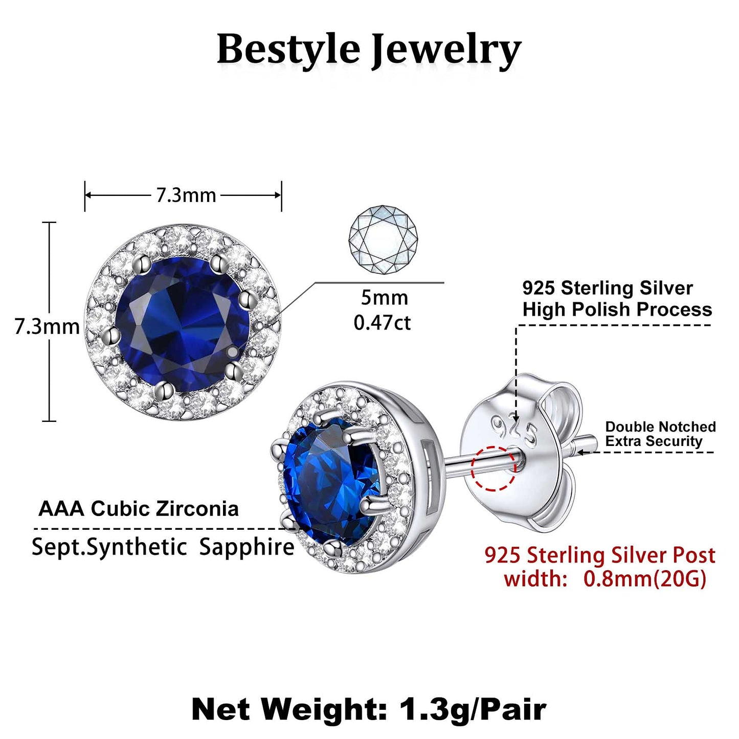 Bestyle Adorable September Sapphire Birthstone Stud Earrings 925 Sterling Silver CZ Round Gemstone Studs Earrings Great Birthday Gift for Wife/Mom/Grandma