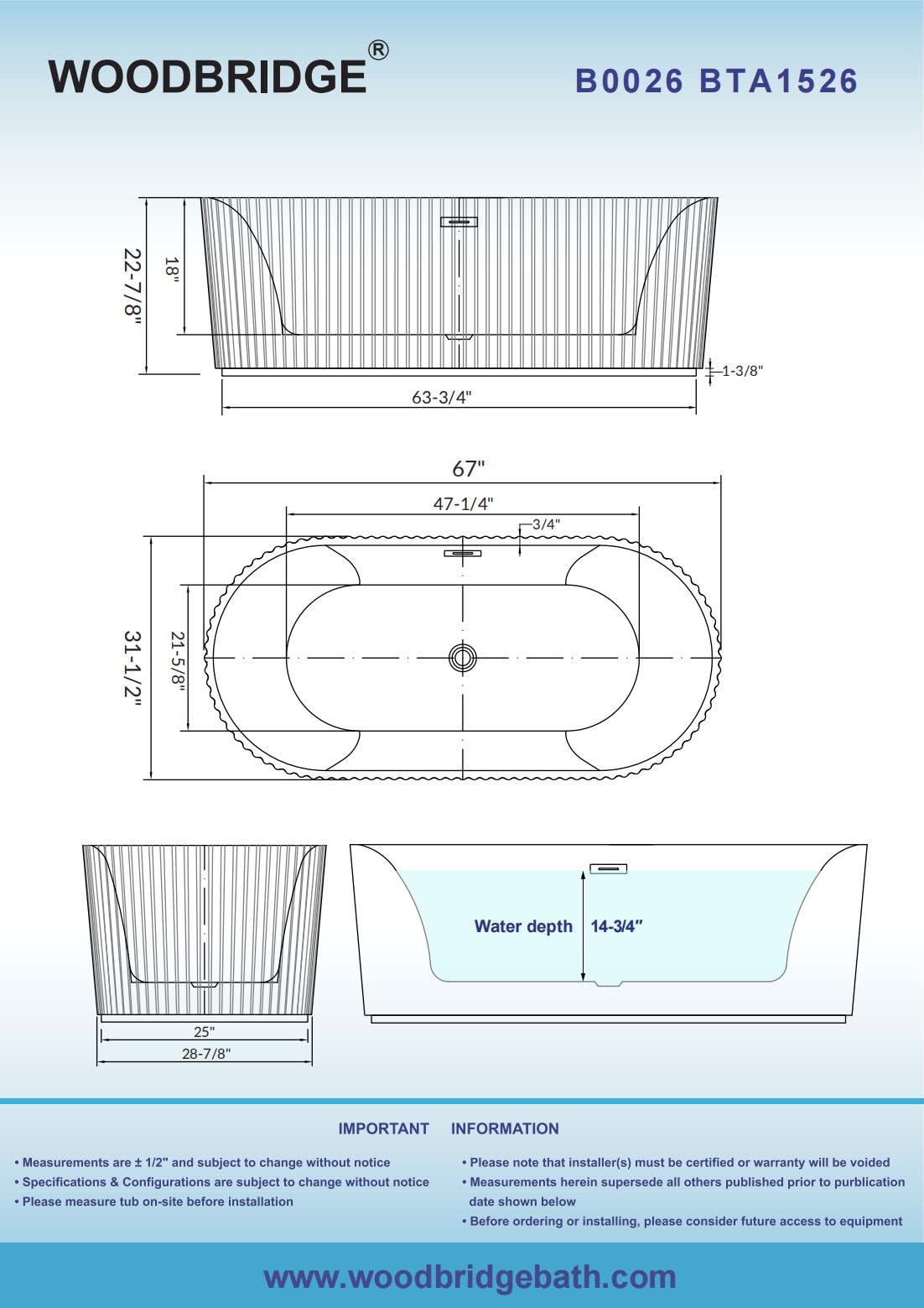 WOODBRIDGE 67" L x 31-1/2" W Freestanding Contemporary Soaking Bathtub,Unique Pleated Design,with Brushed Gold Pop-Up Drain Drain and Overflow Option, White,B1526-BG
