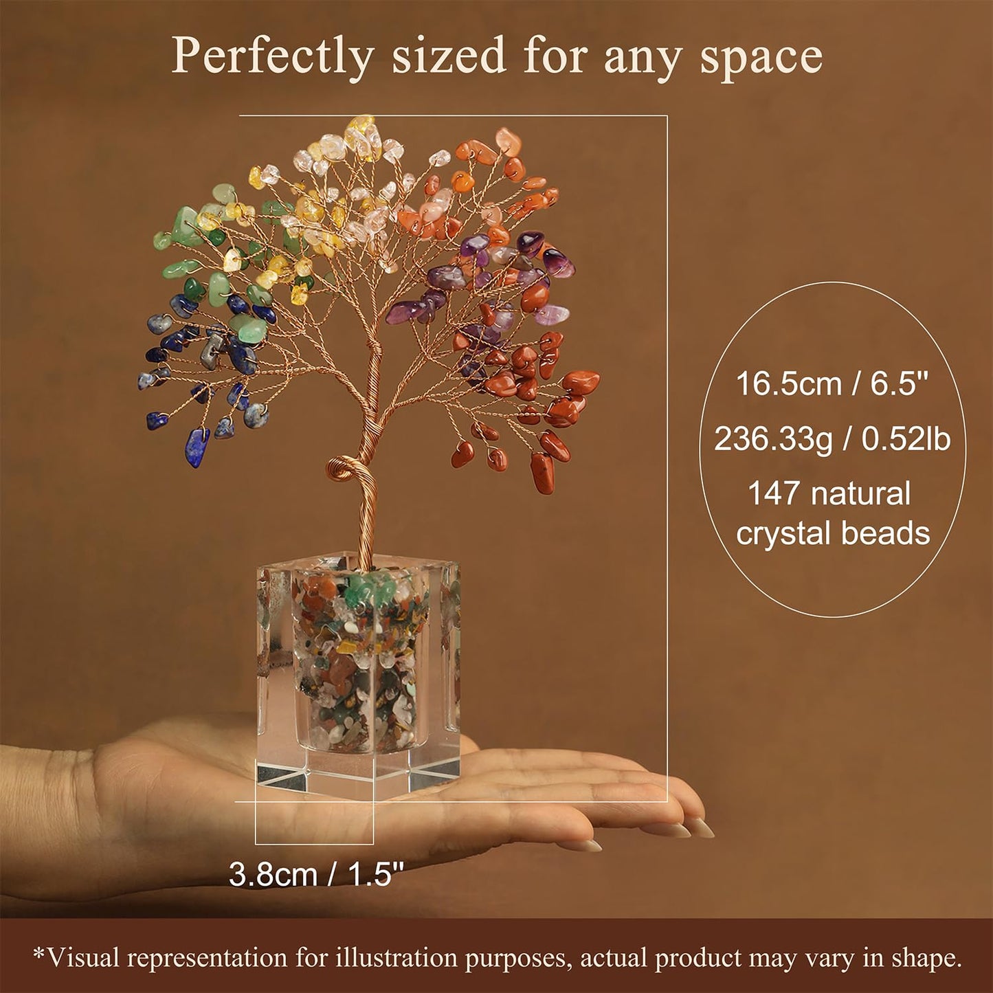 Fluorite Crystal Tree 6.5 Inch Handmade Gem Tree with 147 Stones Office Home Room Decor, Healing Energy Plant for Desk, Gift for Women and Men, Spiritual Meditation Decor