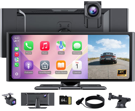 Wonsidary 10.26" HD Wireless CarPlay Screen for Carplay & Android Auto Touch Screen,4K Dash Cam,1080P Backup Camera,Mirror Link,Voice Control,GPS,Bluetooth,64G TF,for All Vehicles