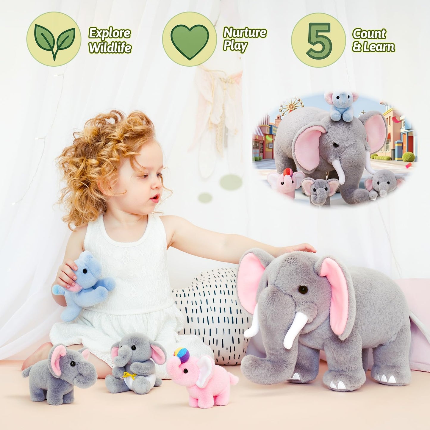 OUOZZZ Elephant Stuffed Animal with 4 Baby Elephants – Interactive Plush Toy Set with Crinkly Ears, Rotating Trunk – Travel-Friendly & Portable Gift for Baby Girls, Boys, Toddlers & Kids 14" x 6.3"