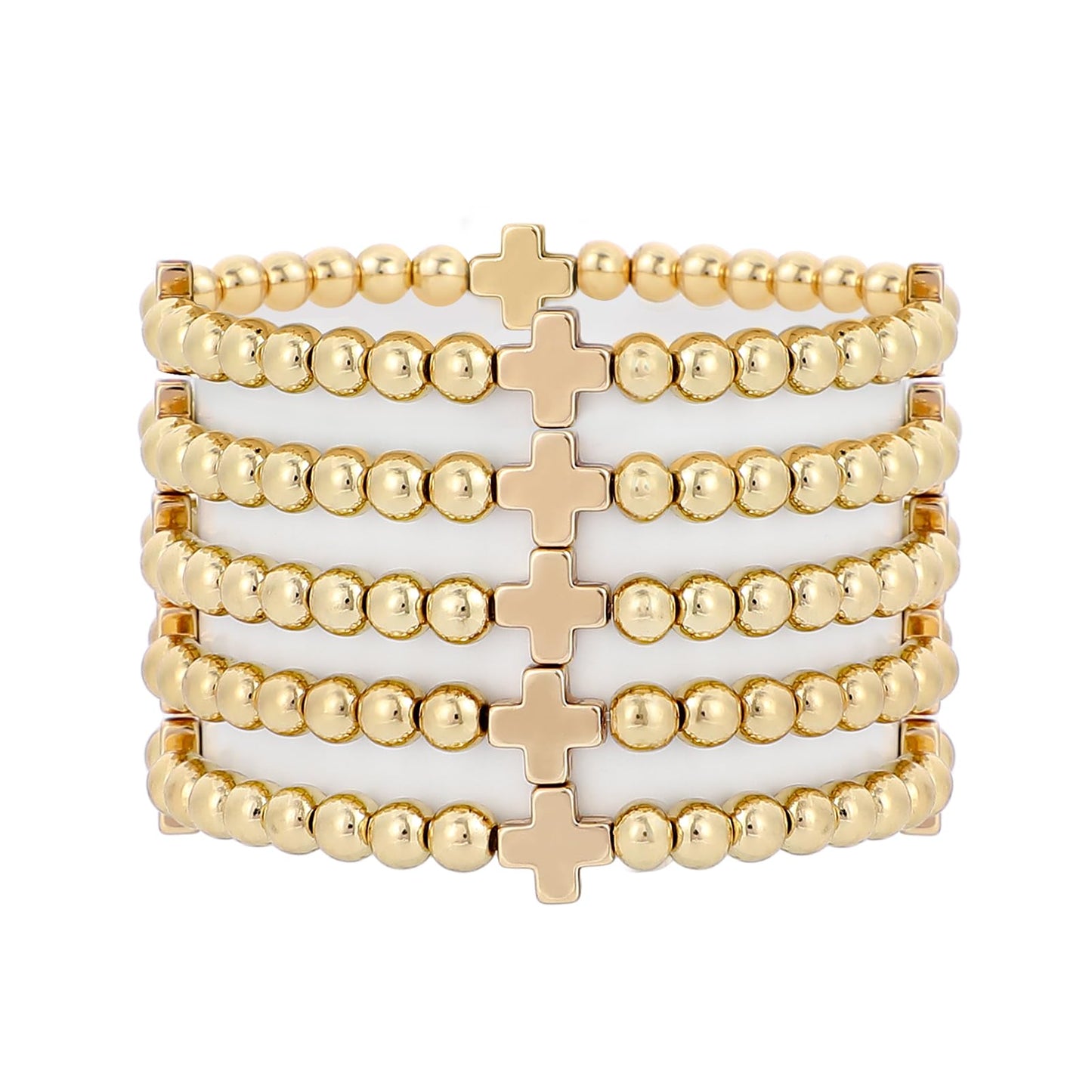 Sajidos Gold Plated Beaded Bracelets for Women Trendy, 14K Gold Plated Stack Cross Pearl Bead Stretch Bracelets Set Elastic Hypoallergenic Bracelets Jewelry Gifts (style13-gold cross pcs)