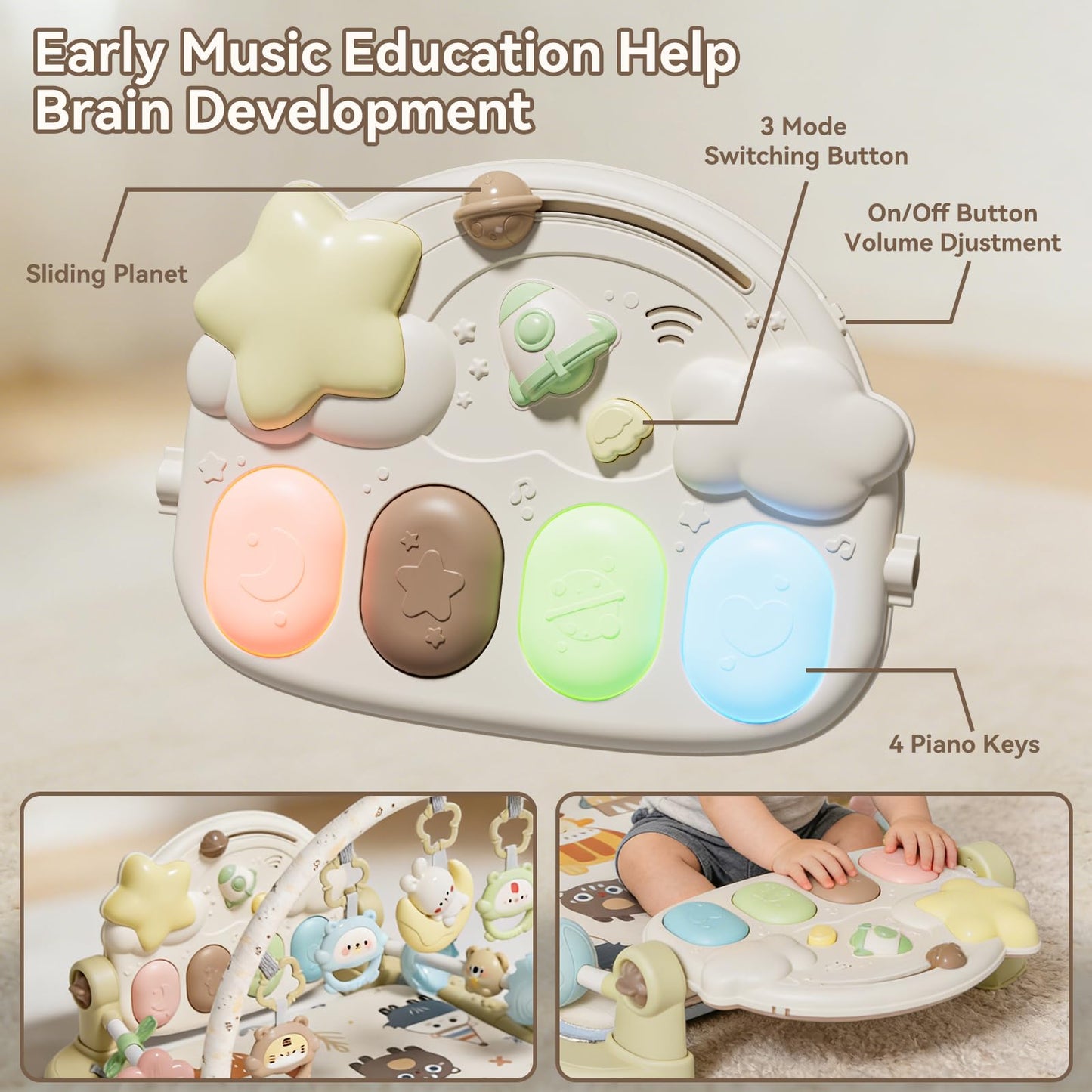 YOULEBITOYS Baby Play Gym Mat - Funny Play Piano Activity Playmat with 5 Infant Learning Detachable Toys for Sensory Development, Music and Lights Tummy Time Mat Newborns Gifts for 0-12 Months