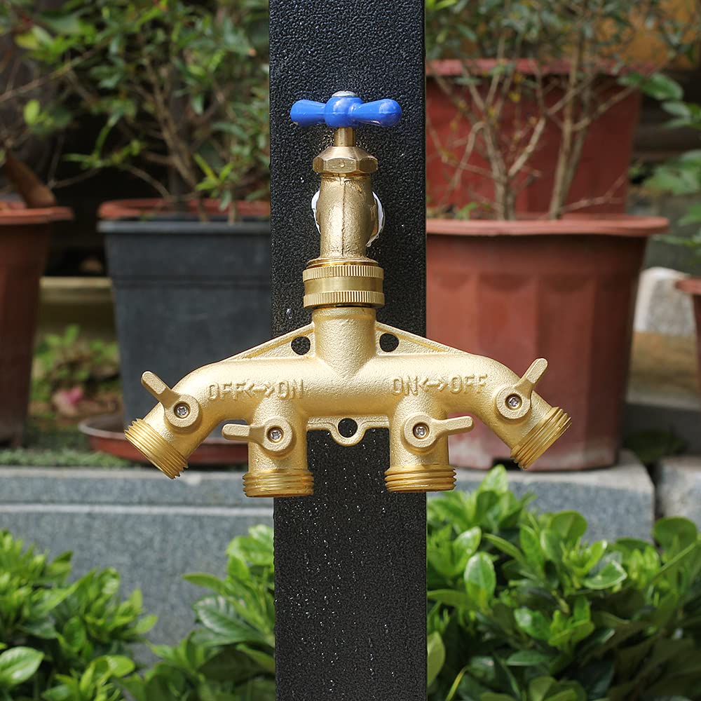 YELUN Garden Hose Splitter Heavy Duty Brass Connector, Garden Faucet Splitter for Outdoor Faucet Hose Bib Splitter, Adapter with Comfortable Grip Shut Off Valves (4 Way splitter)