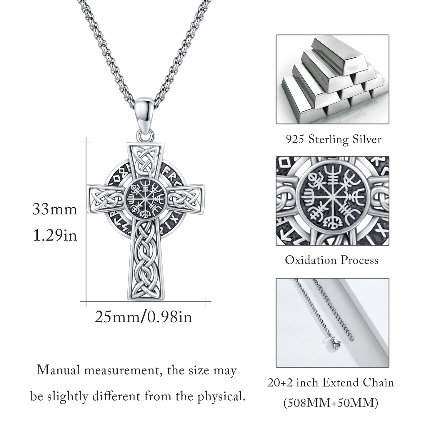 YEESIA Cross Necklace for Men Women 925 Sterling Silver Viking Cross Pendant Necklace Celtic Pendant Nordic Paganism Jewelry for Men Women