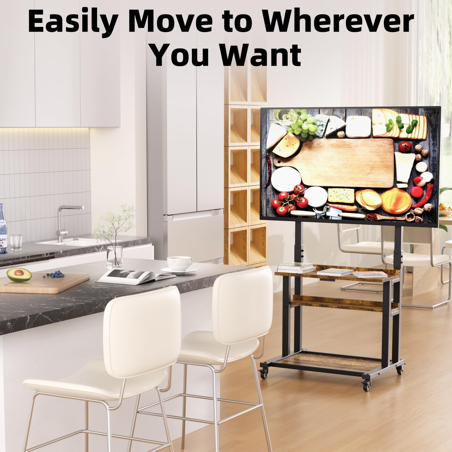 Entertainment Center with Large Storage and Foldable Table, Rolling TV Stand with Lockable Wheels, TVs Under 75 inches, Height Adjustable, Tall TV Stand for Outdoor, Bedroom, Living Room and Office