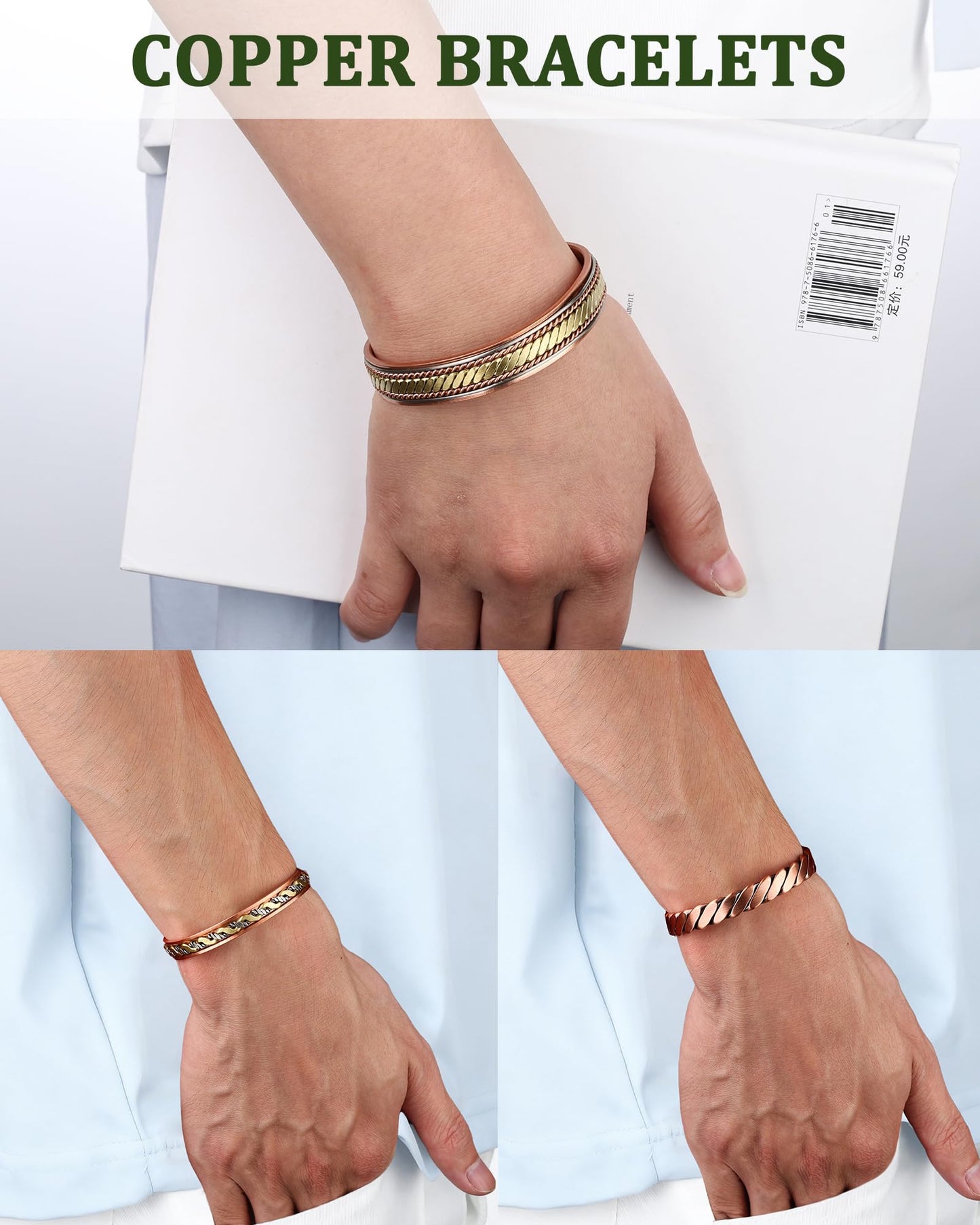 MagEnergy Copper Bracelets for Women Men, Set of 3 Pcs, Magnetic Therapy, Handmade 99% Copper Cuff Bracelet, Jewelry Gift Box