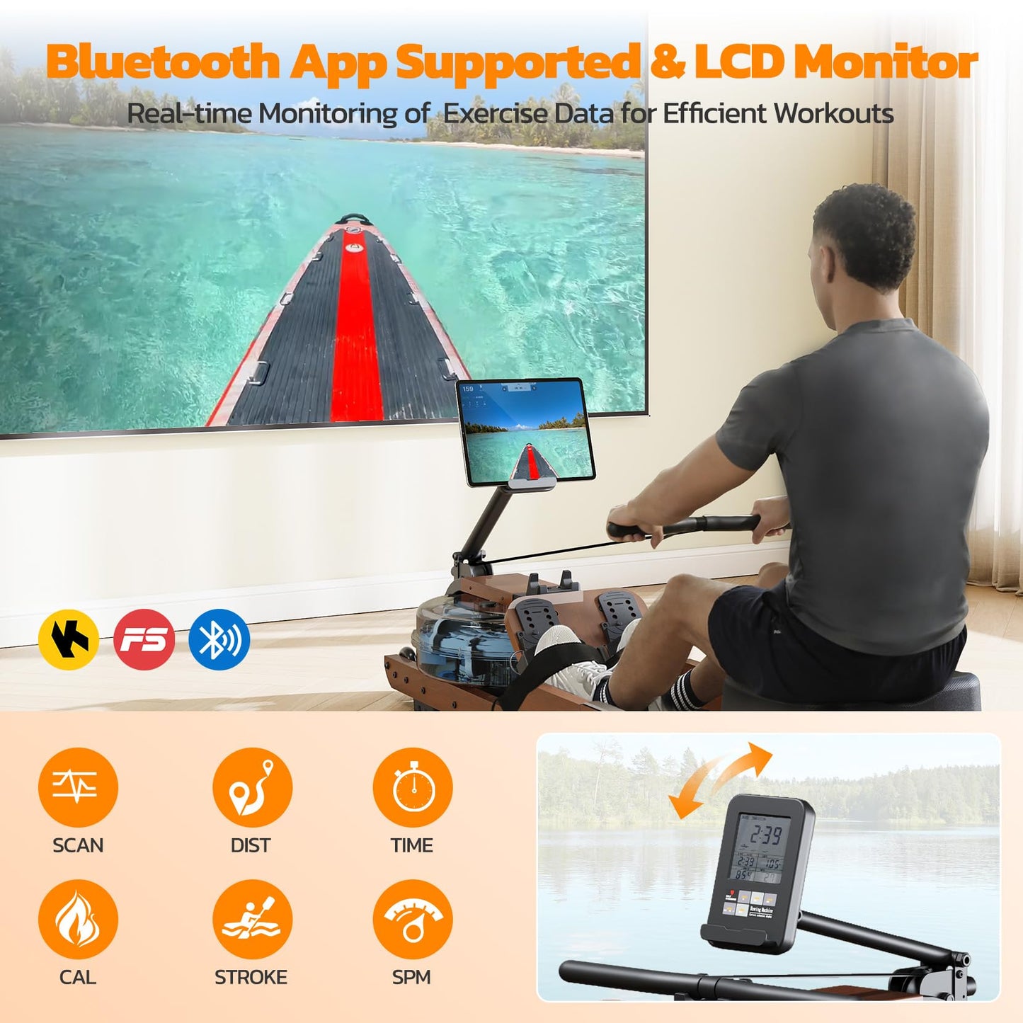 Dripex Rowing Machines for Home Foldable, Water Rowing Machine Max 350 LBS, Water Rower with Smooth Slide Rail, Comfortable Seat, Bluetooth App Supported, LCD Monitor, Wooden Row Machine for Home Gym