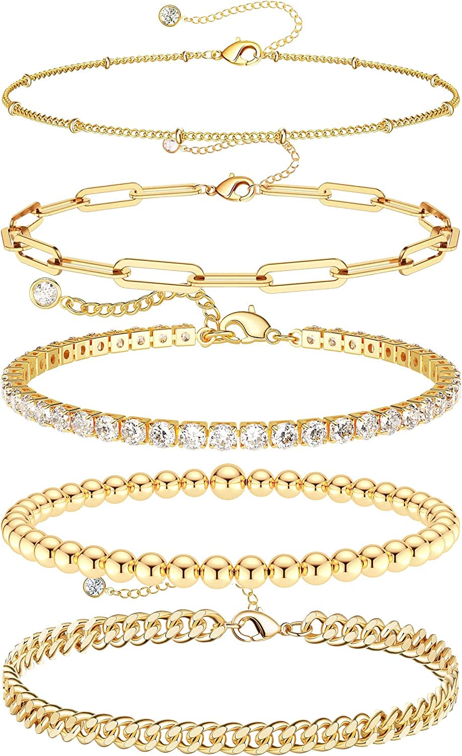 DEARMAY 14K Gold Plated Bracelets for Women Jewelry Sets for Women Trendy Dainty Stackable Paperclip Rope Snake Box Figaro Chain Bracelets Pack Costume Fashion