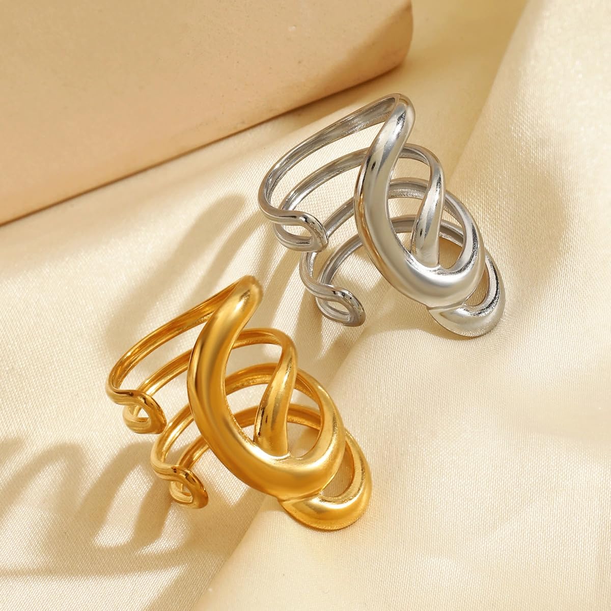 AIETUE Chunky Rings For Women, Gold Silver Thumb Ring Asymmetrical Wavy Curve Ring Adjustable Non Tarnish Dainty Stainless Steel New Year Anniversary Birthday Jewelry Gift (Trendy Gold #6)