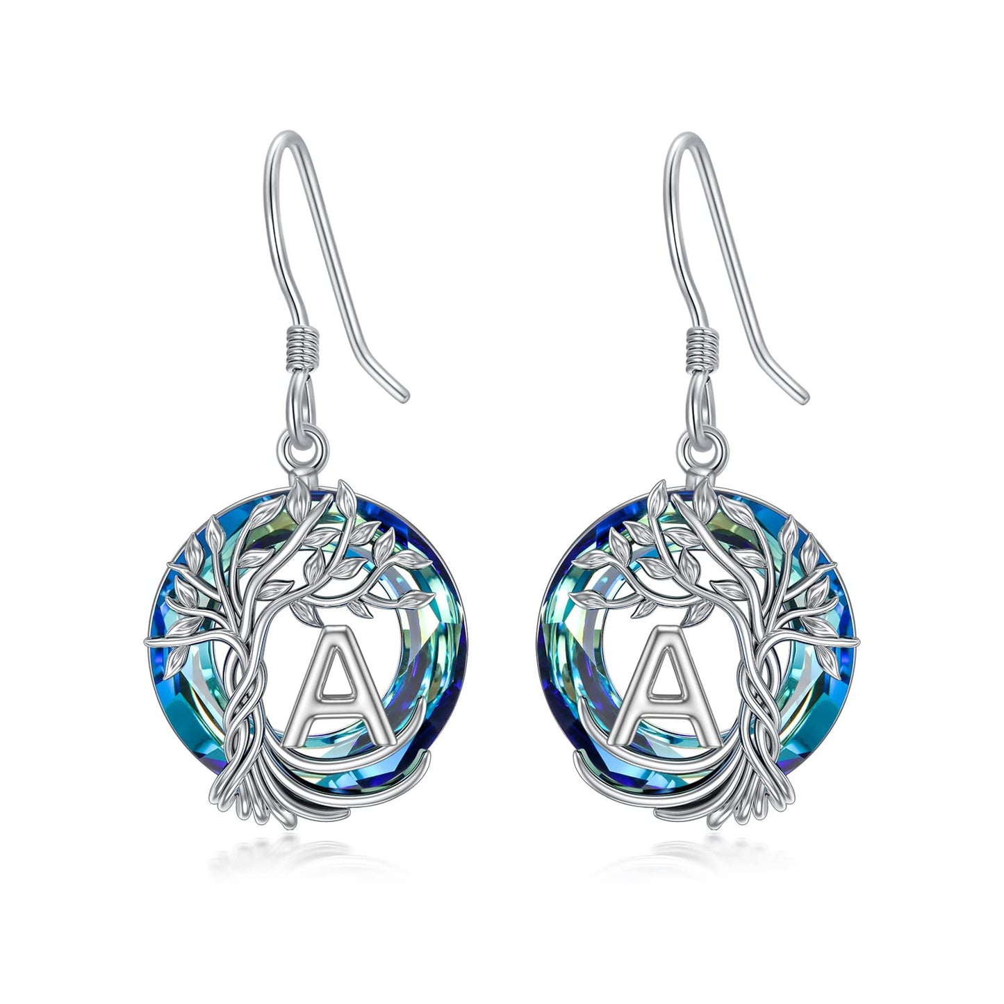 TOUPOP Tree of Life Initial Earrings Sterling Silver Initial A Letter Drop Dangle Earrings Blue Circle Crystal Family Tree Jewelry Birthday Mothers Day Gifts for Women Mom Her