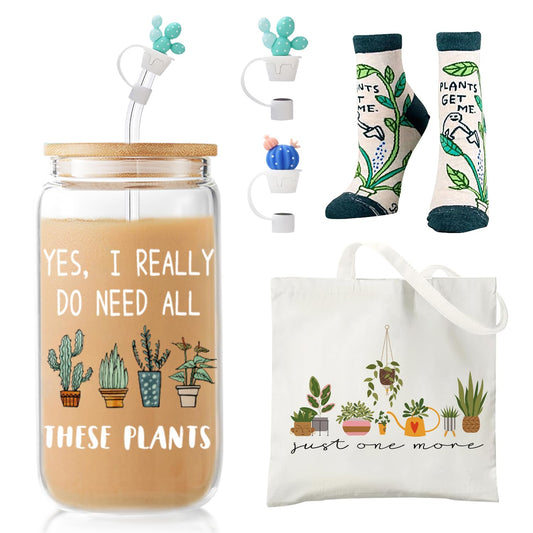 XiQiCYun Plant Lover Gifts for Women, Cool Gardening Gifts for Plant Lady Mom, Funny Succulent Cactus Iced Coffee Glass Cup with Lid and Straw, Tote Bag, Socks, and Straw Covers