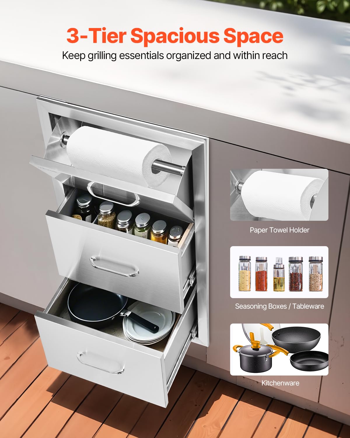 VEVOR 17W x 30H x 21D Inch Outdoor Kitchen Stainless Steel Double Access Drawers with Paper Towel Holder Combo for BBQ Island or Grill Station