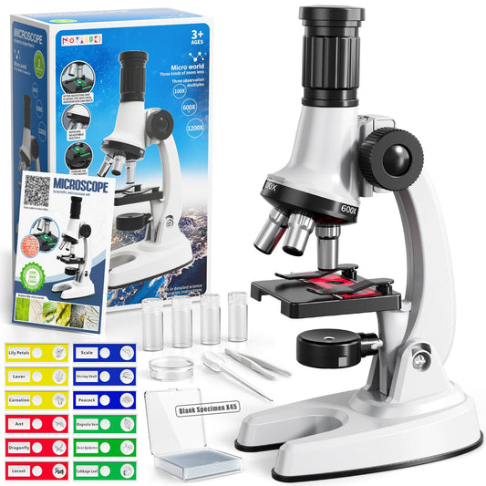 Novaluki 65 Pieces Microscope Kit for Kids Ages 5-7 8-13, 100X-1200X Magnification with 7 Colors of LED Lights and 12 Prepared Slides, Science Experiment STEM Kits for Boys and Girls Age 8-12 Years
