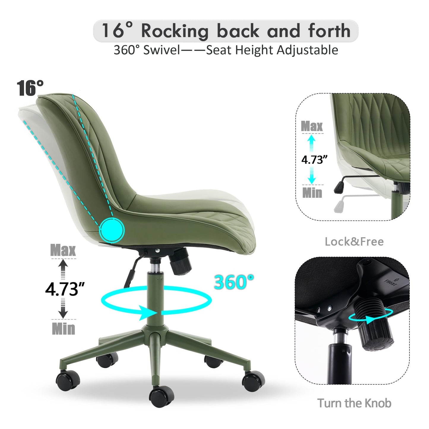 YOUNIKE Home Office Desk Chair with Wheels Armless Vanity Chair with Back Comfy Modern Leather Upholstered Rolling Task Chair Swivel Small Cute No Arms Wide Adjustable Ergonomic All Green
