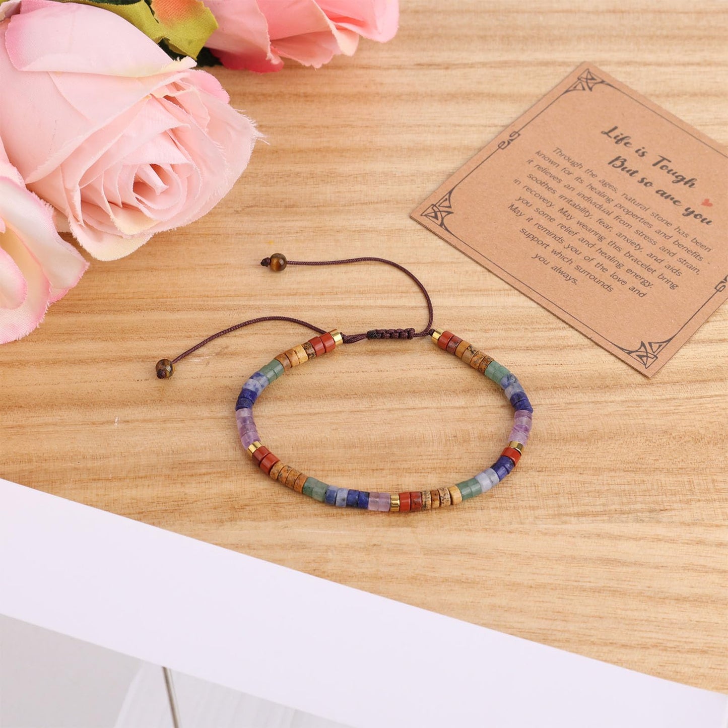 Natural Stone Bracelet, Colorful 7 Chakra Bracelet Encouragement Beaded Crystal Charm with Card for Women Meditation Calm & Comfort Gift