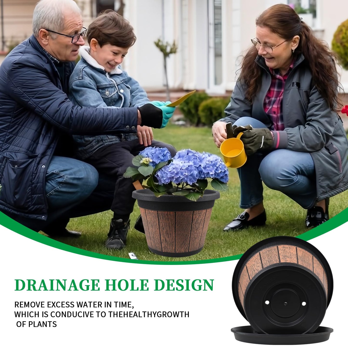Quarut 4 Pack 12 inch Plant Pots,Whiskey Barrel Planters with Drainage Holes & Saucer,Plastic Decoration Flower Pots Retro Design,Planters for Outdoor Indoor Garden Home Plants (Brown)