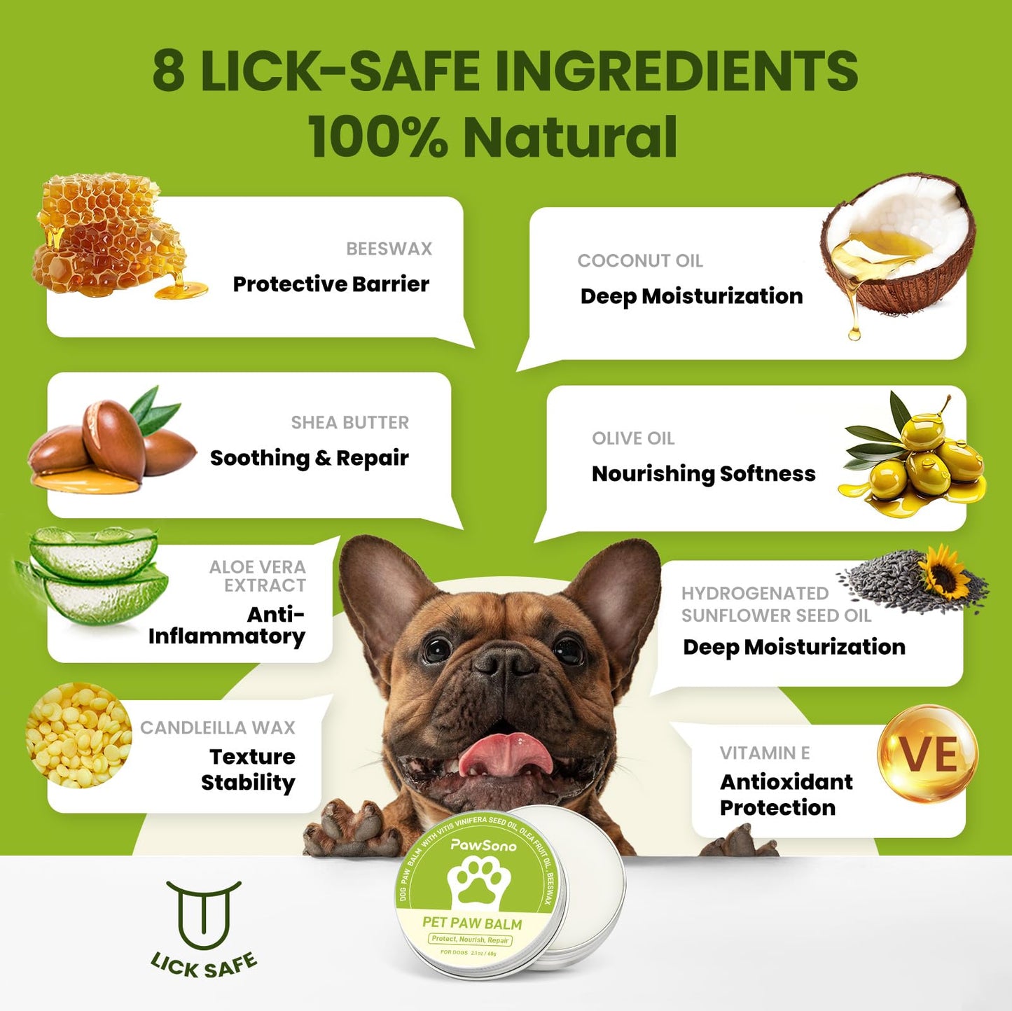 PawSono Lick-Safe Dog Paw & Nose Balm with Coconut Oil | All-Natural Moisturizer & Soother for Dry, Cracked Pads & Snout | Heat & Cold Pavement Protection Wax, Nose Butter for Bulldogs (2.1 oz / 60 g)