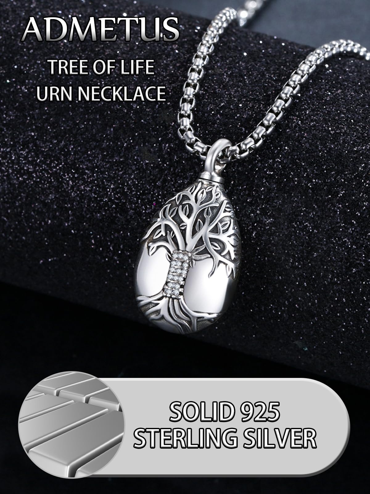 ADMETUS Urn Necklace for Ashes Sterling Silver Tree of Life Urn Pendant Jewelry Teardrop Cremation Jewelry for Ashes for Men Memorial Gifts