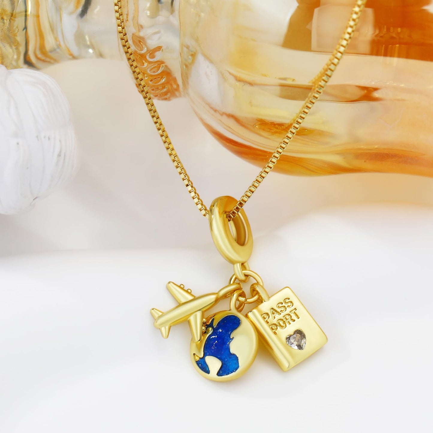 MISS RIGHT Charm Necklace for Women 18K Gold Plated World Travel Pendant Passport Airplane Earth Charms Necklace, Travel Jewelry Gifts for Women PASSPORT