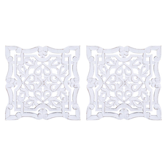 Woodify Hand-Carved Wooden Wall Décor – Set of 2, 12" x 12" Decorative Wood Panels, Floral Design, White Antique Finish, Wall Art for Living Room & Home Décor