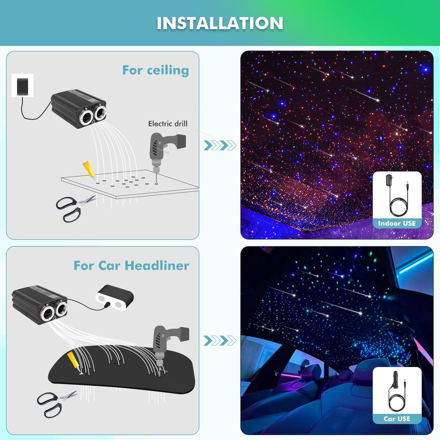 Twinkle Headliner Star Light Kit,1200Pcs*0.03in*9.8ft Ceiling Fiber Optic Lights with Meteor Shooting Star Effect Music Mode RGBW Sound Activated for Car Roof Home Ceiling