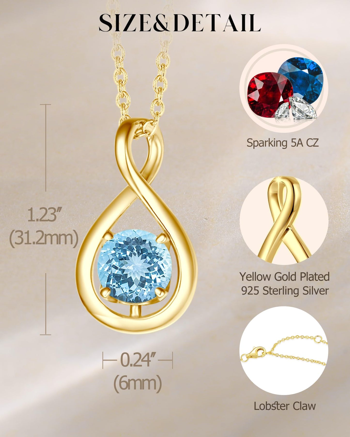 FANCIME Aquamarine Necklace March Birthstone for Women Yellow Gold Plated Sterling Silver Infinity Pendant Blue Gemstone Fine Jewelry Birthday Mothers Day Gifts for Mom Her Daughter
