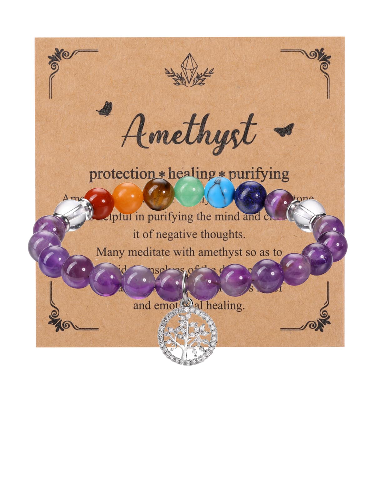 MANIFO Amethyst Chakra Crystals Bracelet for Women Healing Crystal Bracelet Natural Gemstone Beaded Bracelets with Life Tree Charm Jewellery Valentines Christmas Gifts