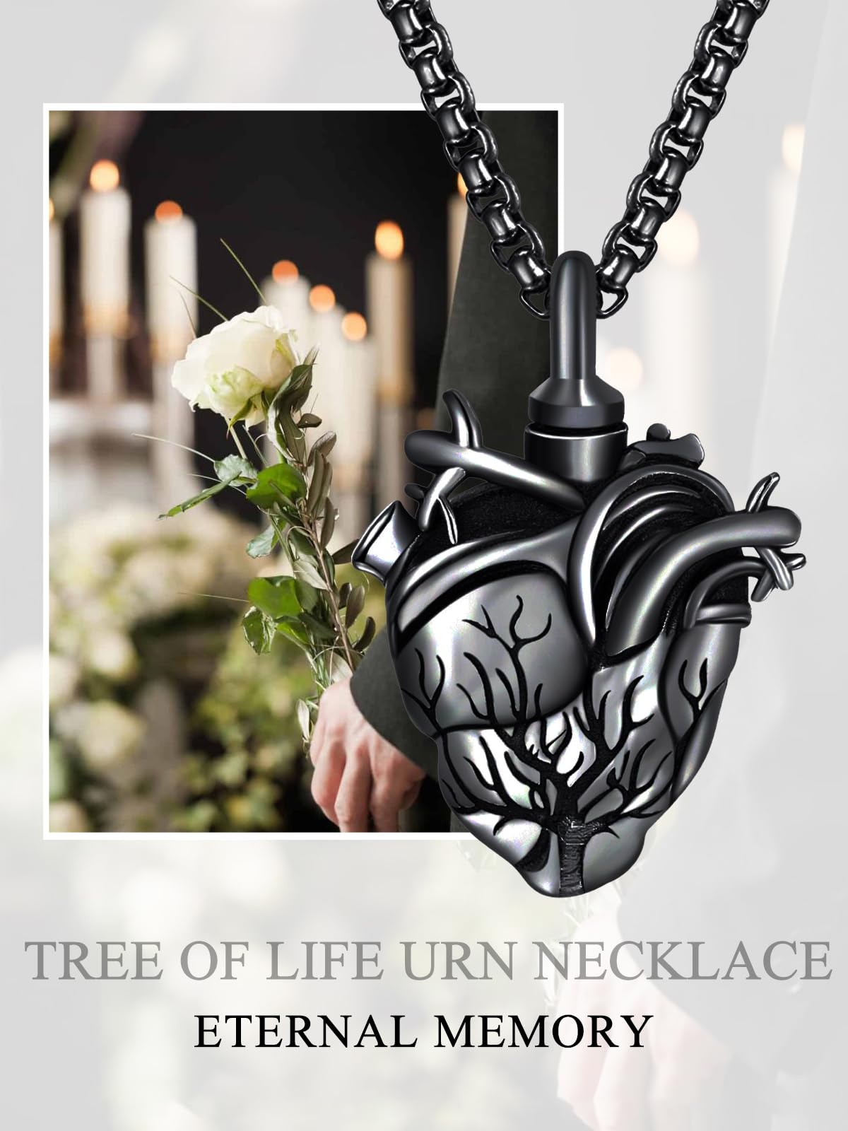 ADMETUS Tree of Life Urn Necklace for Ashes for Men Black Cremation Jewelry for Ashes Anatomical Heart Urn Keepsake Pendant Memorial Gifts