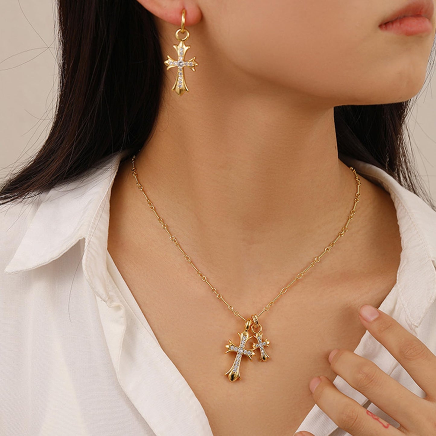 ANDKISS Cross Necklaces for Women - Dainty Cross Necklace 14k Gold Plated Necklace Simple Gold Charm Jewelry For Women (Double Cross)