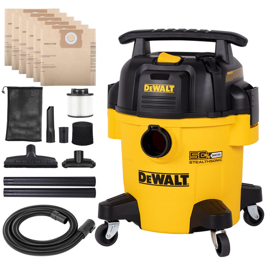 DEWALT Stealthsonic Shop Vacuum Wet and Dry, 5 Gal 4 HP Ultra-Quiet Vacuum Cleaner with Complete Accessory Kit and 6 Bonus Dust Bages - Ideal for Home, Jobsite, Workshop, Garage, Car DXV05P-QTA