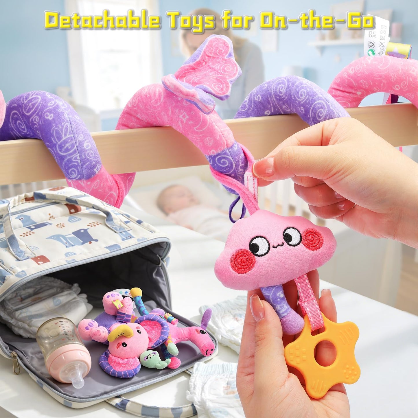 Zendstanding Musical Car Seat Toy for Babies 0-12 Months Girl, 5-in-1 Sensory Activity Hanging Toy Stroller Toy with Soothing Music, Rattle, Mirror for Newborn Infants Essential Gifts, Unicorn