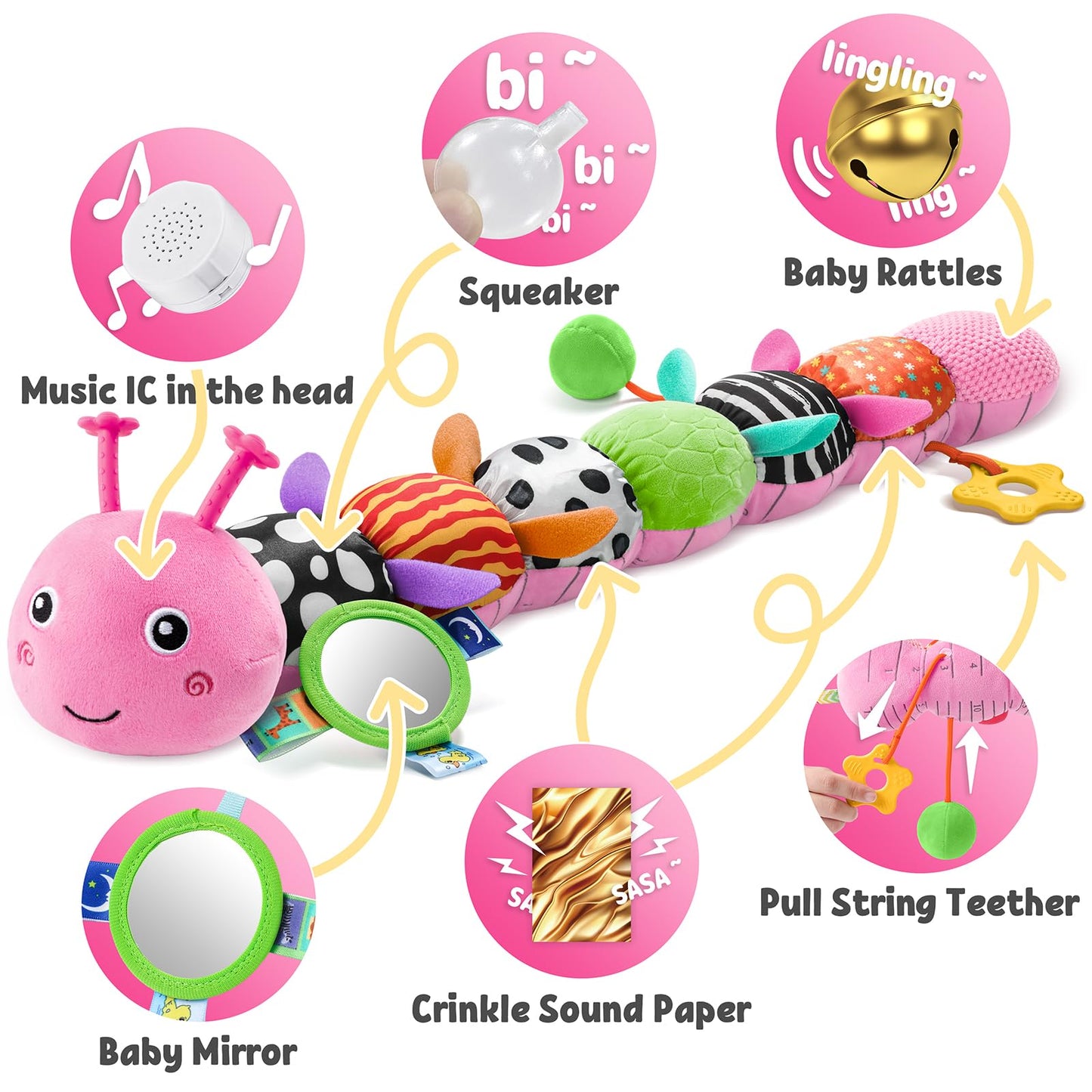 LIGHTDESIRE Baby Toys Musical Caterpillar,Infant Toys Stuffed Animals with Ruler Design,Mirror,Pull String&Ring Bell,Baby Teething Toys for Tummy Time Toy Newborn Gifts 3 6 12 Months(Pink,Leafy Limb)
