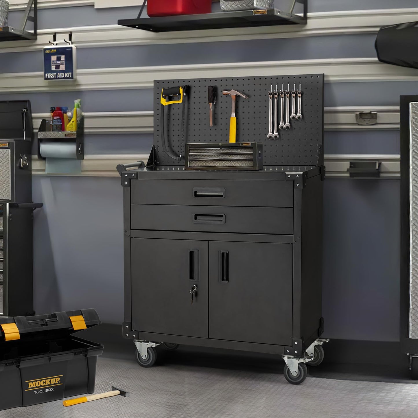 JFHID 52'' Work Bench for Garage with Pegboard Drawers and Cabinets Heavy Duty Metal Frame Tool Bench for Shop Kitchen Cabinets Organizer Work Table with Wheels