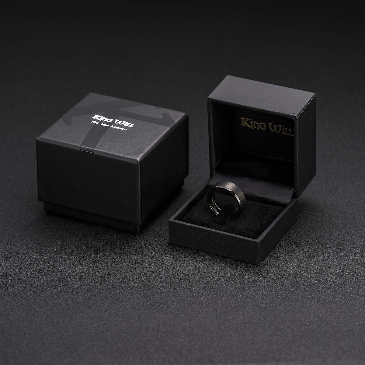 King Will 9mm Men's Black Wedding Ring - Brushed Matte Surface, Beveled Polished Edge, Comfort Fit Size 14