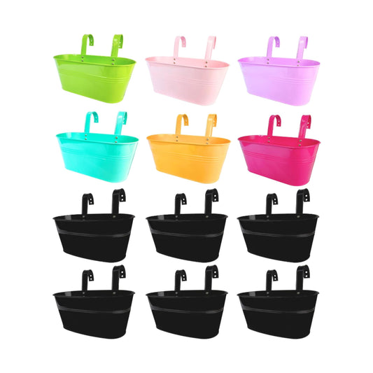LaLaGreen Bundle - 12 Pack, 11.8 Inch Colorful and Black Metal Iron Hanging Flower Pots Deck Railings Fence Planter Buckets Countryside Boho Style Wall Mount Window Box Plant Holder Hooks Porch Decor