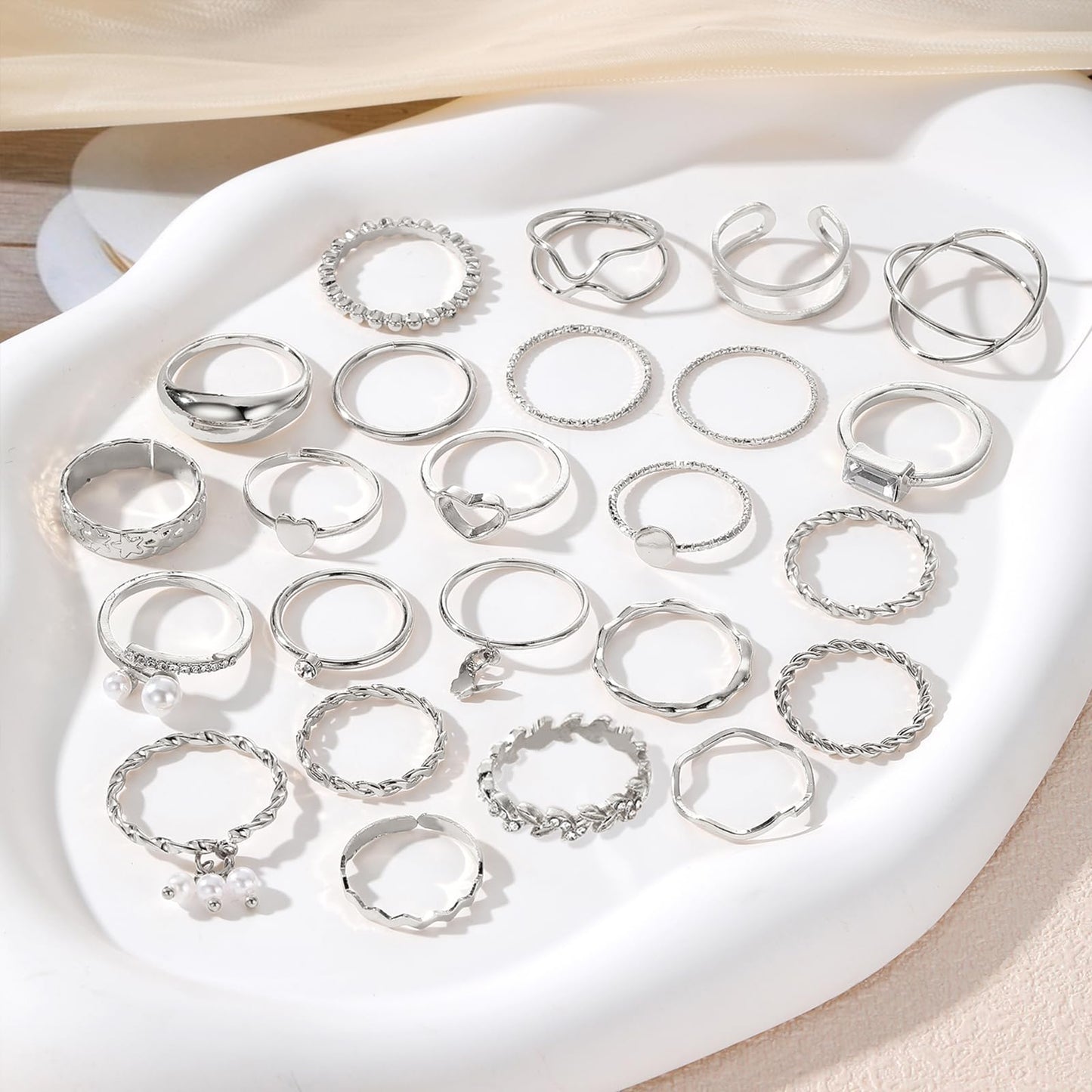 IFKM 24 Pcs Silver Knuckle Rings Set For Women Vintage Stackable Joint Finger Midi Rings Dainty Cubic Zirconia Crystal Simple Twist Hollow Cute Rings Pack Jewelry Gift (Heart's Voice, Silver)