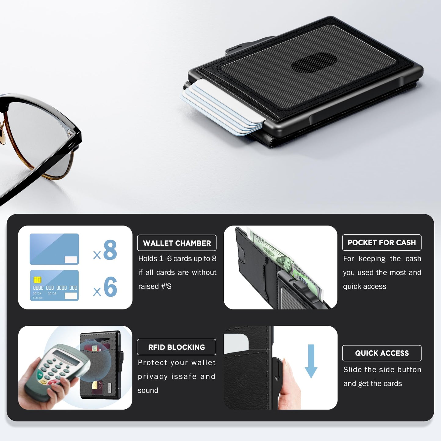 umoven Wallet for Men - Pop Up Case, Cash Slot, and Credit Card Slot - Slim Aluminum Wallet with RFID Blocking, Minimalist Leather Wallet Front Pocket with ID Window, Gift Box (Dark black)