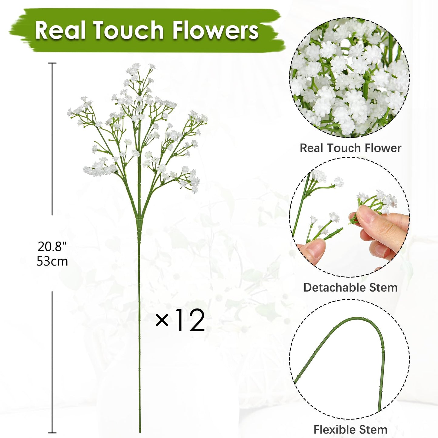 DILATATA 12pcs Artificial Baby’s Breath Flowers, 20" White Silk Gypsophila, Wedding Bouquet, DIY Floral Arrangements, Home Decor, Party Centerpieces, Craft Supplies