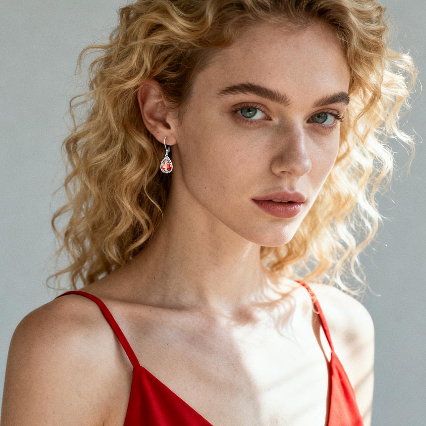 Eusense Sterling Silver Tree of Life Earrings with Ruby Red July Birthstone Jewelry Teardrop Dangle Leverback Earrings Tree of Life Jewelry Gift for Women