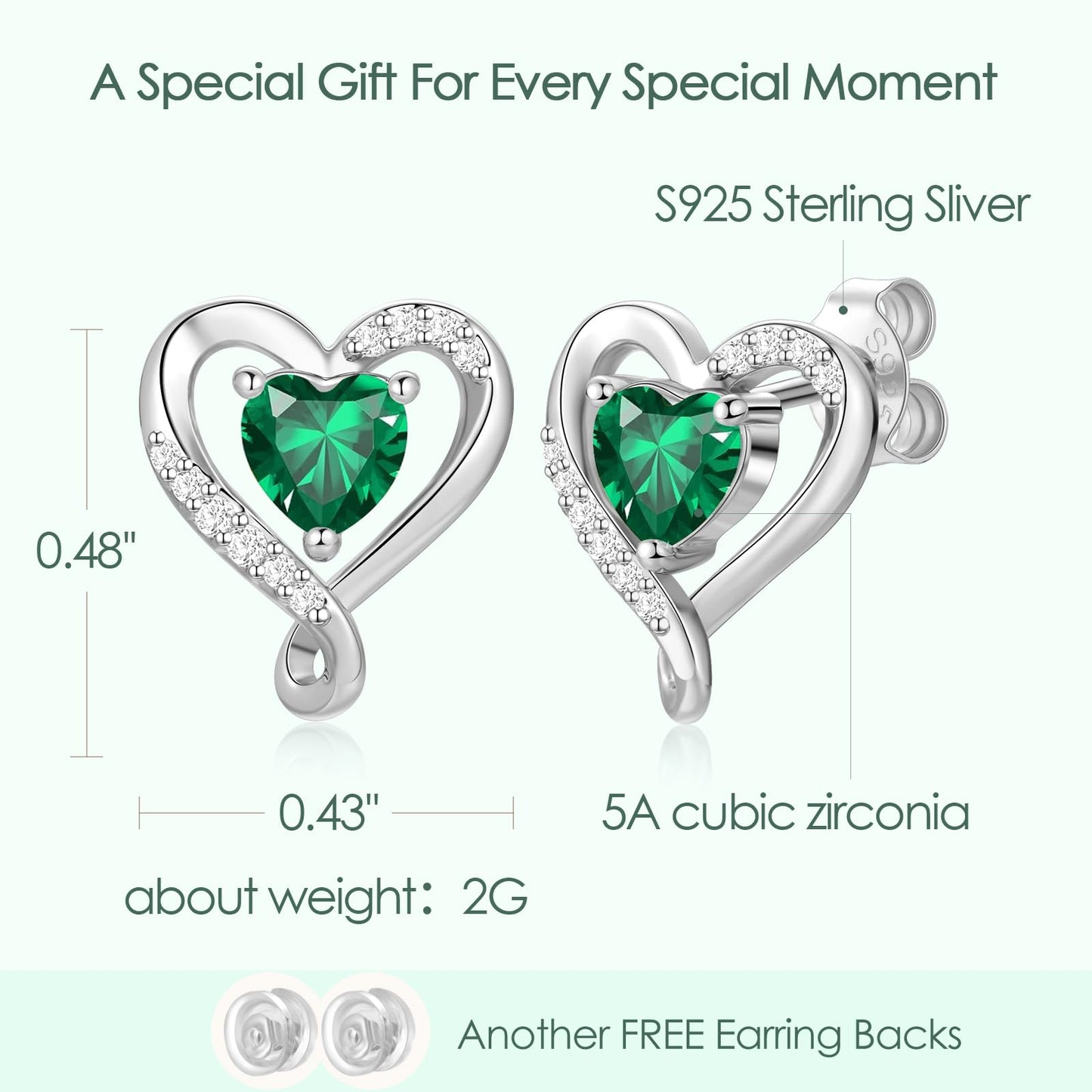 Zifeel Earrings for Women - 925 Sterling Silver Birthstone Heart Studs Earring for Girlfriend Wife - Anniversary Birthday Christmas Valentines Mother’s Day Gifts Jewelry for Women Wife Her Mom